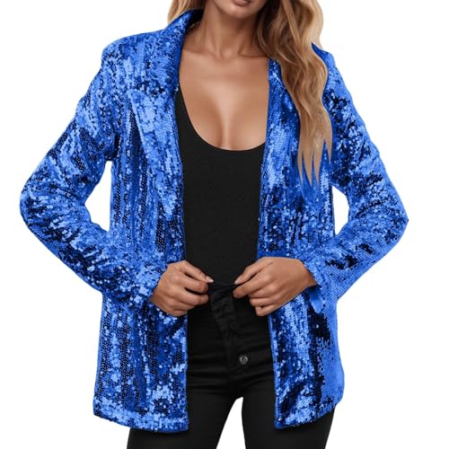 Glitzer Blazer Damen,Damen Pailletten Blazer,Damen Pailletten Cardigan,Damen Lässig Elegant Outwear,Party Glänzend,Rave Oberbekleidung Mantel Damen,C11266,Blau,L von Generisch