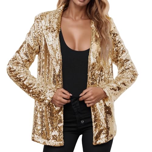 Glitzer Jacke Damen,Damen Pailletten Blazer,Damen Pailletten Cardigan,Damen Lässig Elegant Outwear,Party Glänzend,Rave Oberbekleidung Mantel Damen,C11266,Gold,L von Generisch