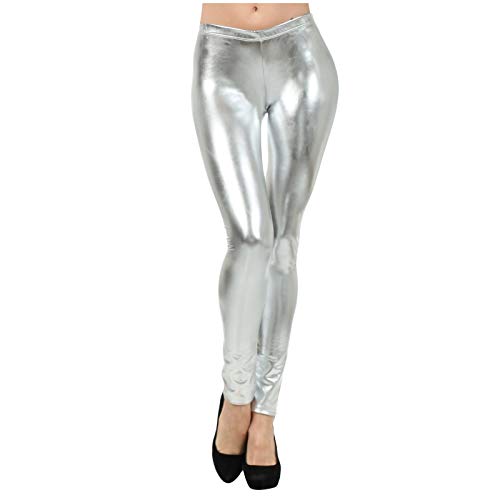 Glitzer Leggings Damen, Leggings Damen Silber Metallic Fasching Space - Leggins Glänzende Hose 80Er Mit Hoher Taille Shiny Karneval Party Tanz Disco Kostüm Metallischer Hosen Goldene von Generisch