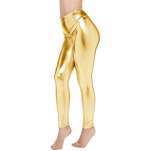 Glitzer Leggings Damen Silber, Silberne Hose Damen Silber Karneval Glanz Leggings - Metallic Leggins Glänzende 80Er Mit Hoher Taille Shiny Party Tanz Disco Kostüm Space Metallischer Hosen Goldene von Generisch