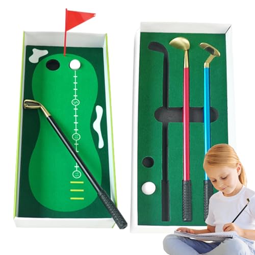 Golf-Stift-Set,Golfschläger-Stifte | Lustiges Kugelschreiber-Spielzeug,Lustiges Schreibtisch-Golfspielzeug für Männer, Golfstift-Set inklusive Putting Green, Flagge, 3 Golfschlägerstiften und 2 Bällen von Generisch