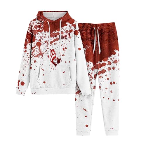 Halloween Jogginganzug Damen Lustige Trainingsanzug Langarm Dünn Kaputzenjacke Set Mit Kapuze Bedruckte Tracksuit Sportbekleidung Oversize Gym Blutiges Sportanzug Zweiteiler Sportanzüge Ziegelrot 3XL von Generisch