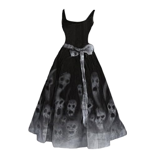 Halloween Kostüm Damen Horror Kleid Halloween Kleidung mit blutigem Aufdruck Sexy Rundhalsausschnitt ärmellos Halloweenkleid Camisole-Kleid Schwarz XL von Generisch