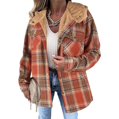 Hemdjacke Damen Flanellhemd Kariertes Knöpfen Taschen Mantel Holzfällerjacke Plaid Plüsch Fleece Gefüttert Jacke Winter Bluse Mit Kapuze Orange XL Hemdjacke Damen Flanellhemd Kariertes Knöpfen Taschen Mantel Holzfällerjacke Plaid Plüsch Fleece Gefüttert Jacke Winter Bluse Mit Kapuze Orange XL von Generisch