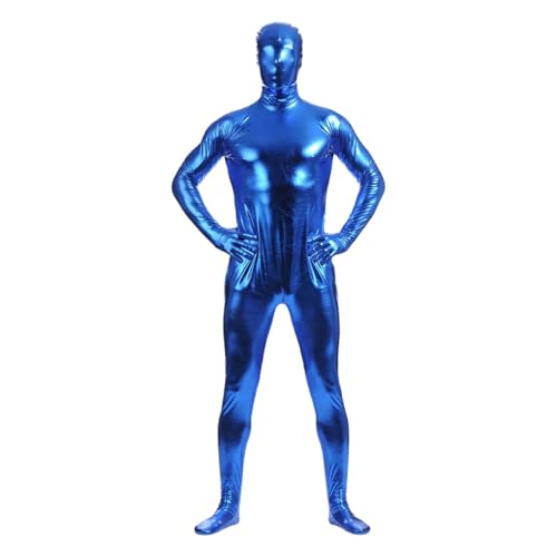 Herren Einteiler Metallische Bodysuit Ganzkörperanzug Langarm Jumpsuit Glänzend Overall Karneval Kostüm Turnanzug mit Reißverschluss Blau F von Generisch