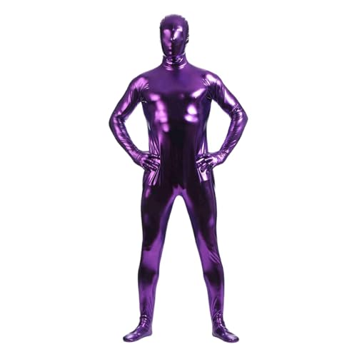 Herren Einteiler Metallische Bodysuit Ganzkörperanzug Langarm Jumpsuit Glänzend Overall Karneval Kostüm Turnanzug mit Reißverschluss Lila D von Generisch