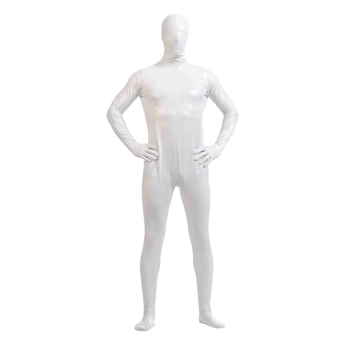 Herren Einteiler Metallische Bodysuit Ganzkörperanzug Langarm Jumpsuit Glänzend Overall Karneval Kostüm Turnanzug mit Reißverschluss Weiß A von Generisch