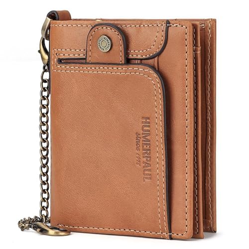 Herren Geldbörsen RFID Blockierende Echtleder Geldbörse mit Kette Bifold Slim Wallets Reißverschluss Münzfach 14 Kartenfächer Herrenbrieftasche (Yellow) von Generisch