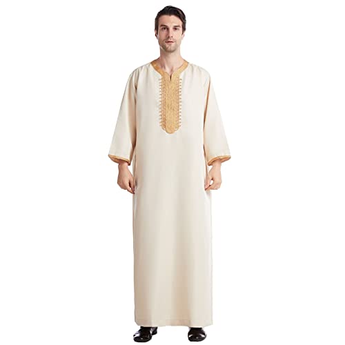 Herren Muslim Druck Kaftan Gebetskleidung Für Männer Islamisch Royalty Arabische Kleidung Herren Lang Gebetskleidung Für Männer Beige XXXL von Generisch