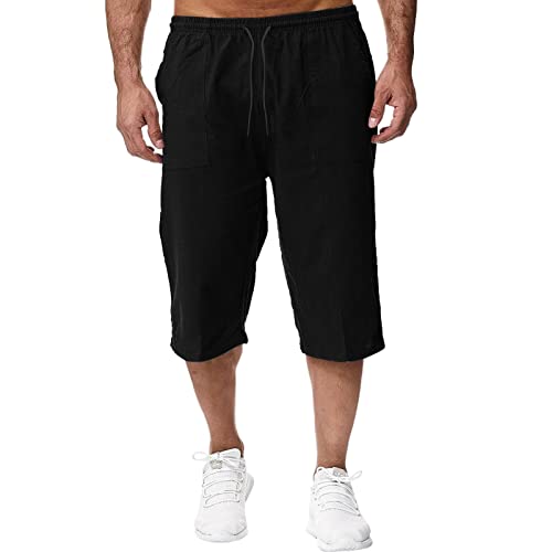 Herren Sommer Leinenhosen 3/4 Leichte Weitem Bein Sporthosen Einfarbig Leicht Joggingshorts Loose Casual Strandhose mit Kordelzug Capri Shorts Jogginghose Oversized von Generisch