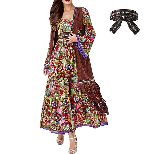 Hippie Kostüm Damen 70Er Jahre Große Größen Retro Festival Outfit Schlagerparty Gold Boho Glitzer 70Er Jahre Bekleidung Cowgirl Kostüm XXXL Abba Mode Disco Lang Hippie Kleid Hippie Kleidung von Generisch