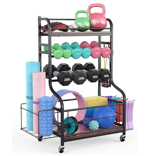 Home Gym Aufbewahrungsregal mit Haken und Rädern, Hantel- und Kugelhantel-Organizer für Yogamatte, Blockroller, Sport-Trainingsgeräte, Aufbewahrungswagen von Generisch