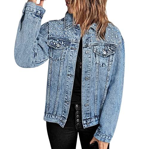 Jeansjacke Damen, Lang Elegant Langarm Sommer Übergangsjacken Jeansjacke Curvy Große Größen Vintage mit Knöpfen Jeans Jacke Oversize Stretch Leicht mit Taschen Jacken Damenjacken von Generisch