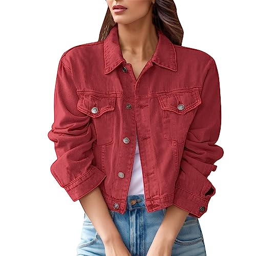 Jeansjacke Damen Stretch Locker Leichte Elegant Tailliert Jeansmantel Damen Oversize Kurze Jeansjacke Dünne Damen Fashion Crop Jacke Damen Rot，M von Generisch