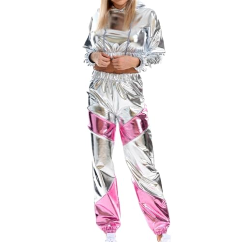 Jogginganzug Damen Hippie Kostüm Metallic Langarm Party Outfit Techno Outfit Lang Glitzer Hose Faschingskostüme Metallic Oberteile+lang Metallic Hose Glitzer Top von Generisch