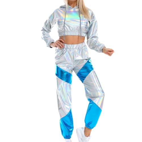 Jogginganzug Damen Party Outfit Langarm Kapuzen Hip Hop Outfit Festival Outfit Metallic Hose Glitzer Top Crop Top Hoodie+Jogginghose 2tlg Disco Outfit Himmelblau L von Generisch