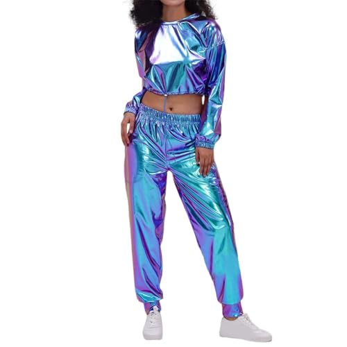 Jogginganzug Damen Party Outfit Langarm ohne Kapuze Hip Hop Outfit Festival Outfit Metallic Hose Glitzer Top Crop Top Hoodie+Jogginghose 2tlg Disco Outfit Blau S Jogginganzug Damen Party Outfit Langarm ohne Kapuze Hip Hop Outfit Festival Outfit Metallic Hose Glitzer Top Crop Top Hoodie+Jogginghose 2tlg Disco Outfit Blau S von Generisch