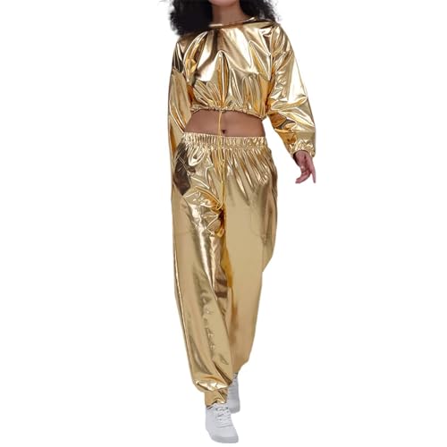 Jogginganzug Damen Party Outfit Langarm ohne Kapuze Hip Hop Outfit Festival Outfit Metallic Hose Glitzer Top Crop Top Hoodie+Jogginghose 2tlg Disco Outfit Gold L Jogginganzug Damen Party Outfit Langarm ohne Kapuze Hip Hop Outfit Festival Outfit Metallic Hose Glitzer Top Crop Top Hoodie+Jogginghose 2tlg Disco Outfit Gold L von Generisch