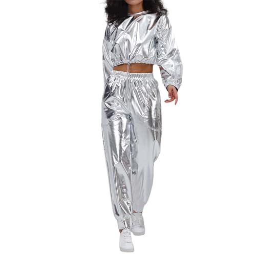 Jogginganzug Damen Party Outfit Langarm ohne Kapuze Hip Hop Outfit Festival Outfit Metallic Hose Glitzer Top Crop Top Hoodie+Jogginghose 2tlg Disco Outfit Silber L Jogginganzug Damen Party Outfit Langarm ohne Kapuze Hip Hop Outfit Festival Outfit Metallic Hose Glitzer Top Crop Top Hoodie+Jogginghose 2tlg Disco Outfit Silber L von Generisch
