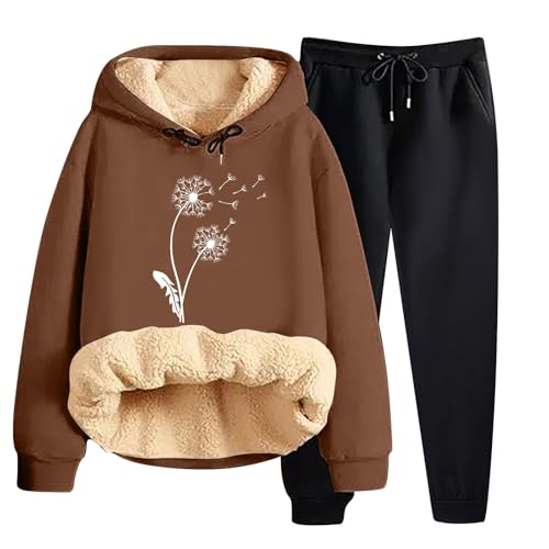 Jogginganzug Damen Pusteblumedruck Traingsanzug Zweiteiler Hosenanzug Langarm Fleece Kapuzenpullover + Casual Lange Jogginghose Einfarbig Winter Sportanzug Bequeme Freizeitanzug Soft Trainingsanzug von Generisch