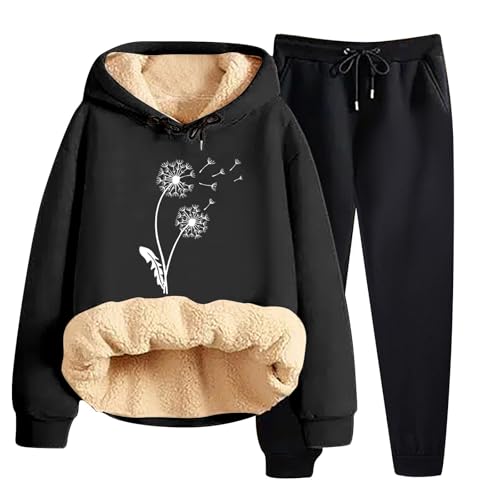 Jogginganzug Damen Pusteblumedruck Traingsanzug Zweiteiler Hosenanzug Langarm Fleece Kapuzenpullover + Casual Lange Jogginghose Einfarbig Winter Sportanzug Bequeme Freizeitanzug Soft Trainingsanzug von Generisch