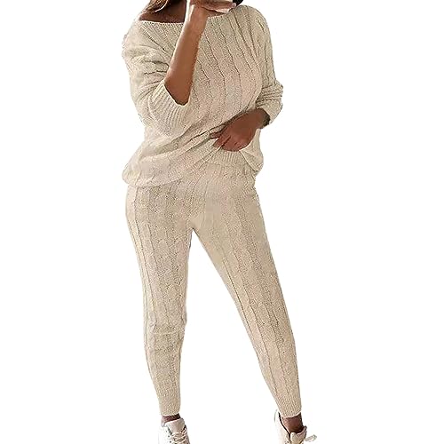 Jogginganzug Damen Set Kleidung Damen Sportanzug DamenEinfarbiger Pullover-Strickanzug für Damen Beige XXL von Generisch