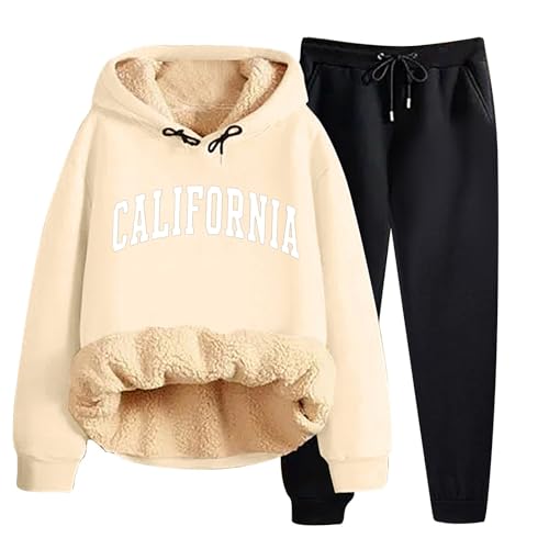 Jogginganzug Damen Set mit Kapuze Gefüttert Trainingsanzug Warm Winter Zweiteiler Hausanzug Kuschelig Elegant Hosenanzug Einfarbige Loungewear Sets Langarm Rundhals Fleecepullover Baggy Freizeithose von Generisch