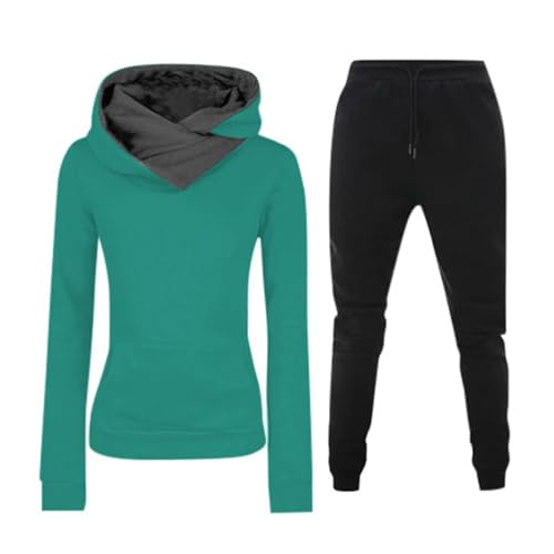 Jogginganzug Damen Set mit Kapuze Trainingsanzug Zweiteiler Frauen Sport Anzug Langarm Einfarbig Freizeitanzug Hausanzug Kapuzenpullover&Sporthose Grün L von Generisch