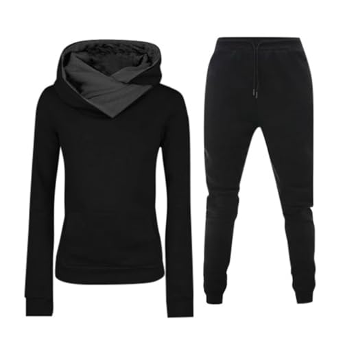 Jogginganzug Damen Set mit Kapuze Trainingsanzug Zweiteiler Frauen Sport Anzug Langarm Einfarbig Freizeitanzug Hausanzug Kapuzenpullover&Sporthose Schwarz XL von Generisch