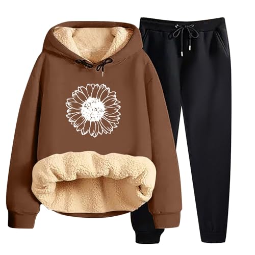 Jogginganzug Damen Warm Gefüttert Zweiteiler Trainingsanzug Winter Kapuze Sonnenblume Druck Hausanzug Bequeme Elegant 2 Teilig Hosenanzug Einfarbiger Outdoor Sportanzug Fleece Lässige Tracksuit von Generisch