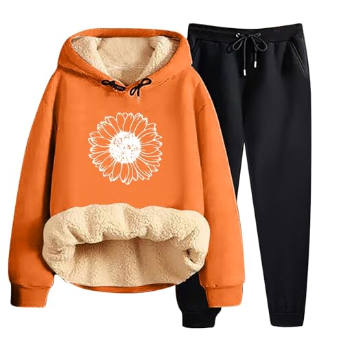 Jogginganzug Damen Warm Gefüttert Zweiteiler Trainingsanzug Winter Kapuze Sonnenblume Druck Hausanzug Bequeme Elegant 2 Teilig Hosenanzug Einfarbiger Outdoor Sportanzug Fleece Lässige Tracksuit von Generisch