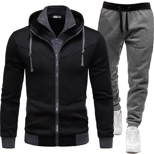 Jogginganzug Herren Set Mit Kapuze Mit Reißverschluss Einfarbig Trainingsanzug Baumwolle Tracksuit Streatwear Baggy Jogginganzug Lang Sport Anzug Schwarz Activewear Sport Kleidung von Generisch