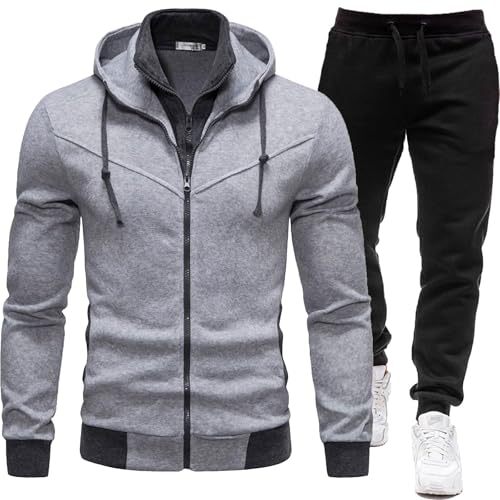 Jogginganzug Herren Set Mit Kapuze Mit Reißverschluss Einfarbig Trainingsanzug Baumwolle Tracksuit Streatwear Baggy Jogginganzug Lang Sport Anzug Schwarz Activewear Sport Kleidung von Generisch