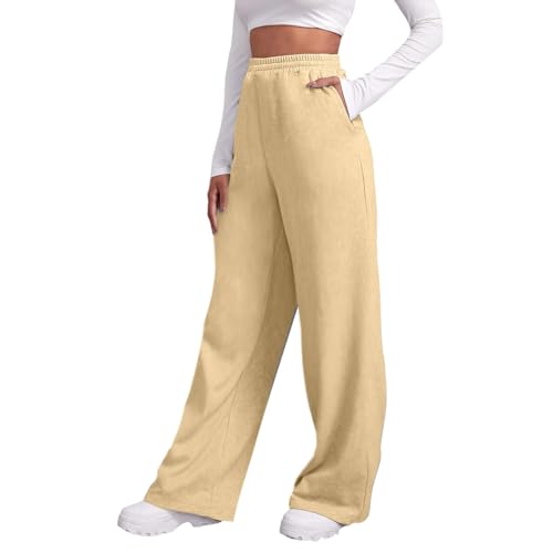 Jogginghosen Für Damen Laufhosen Gummibund Sweathose Mit Taschen Stoffhose High Waist Bequeme Lockere Freizeithose Khaki XL von Generisch