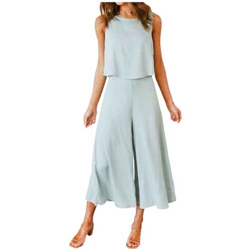 Jumpsuit Damen Elegant Zweiteiler Outfit Sommer Ärmelloses Tank Top Und Weite Beinhose Trainingsanzug Baumwolle Leinen Hosenanzug Mit Taschen Festlich Anzug Leicht Einfarbig Loungewear von Generisch