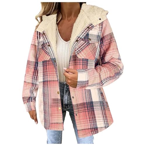 Karierte Bluse Jacke Damen Winter Warmer Flanellhemd Kariertes Knöpfen Taschen Mantel Holzfällerjacke Plaid Plüsch Fleece Gefüttert Jacke Mit Kapuze Rosa XL von Generisch