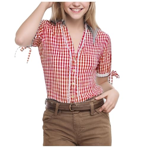 Kariertes Hemd Damen Große Größen Trachtenbluse Kariert - Trachten Oberteil Slim Fit Oktoberfest Outfit Bluse Vintage Kurzarm Karohemd Oberteile Rot Wiesn-Tracht von Generisch