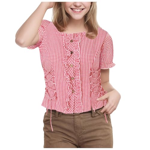 Kariertes Hemd Damen Oktoberfest Trachtenbluse - Kariert Slim Fit Trachten Trachtenmode Vintage Kurzarm Karierte Bluse Stehkragen Traditionelle Trachtenshirt Mit Knöpfen Outfit von Generisch