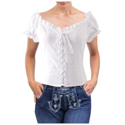 Kariertes Hemd Damen Trachten Trachtenbluse Kariert - Trachtenmode Oktoberfest Outfit Große Größen Bluse Slim Fit Vintage Kurzarm Oberteil Rot Blau Trachtenblusen Modern Trachtenshirt von Generisch