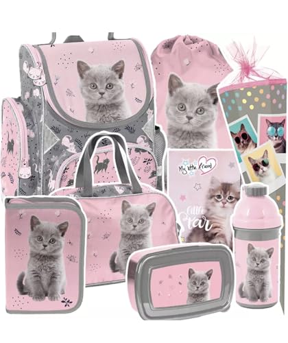 Kinder Schulrucksack Set mit Lunchbox und Trinkflasche, Katzen Design, Katze Schultüte Schulranzen Federtasche Kinder Schulrucksack Set mit Lunchbox und Trinkflasche, Katzen Design, Katze Schultüte Schulranzen Federtasche von Generisch