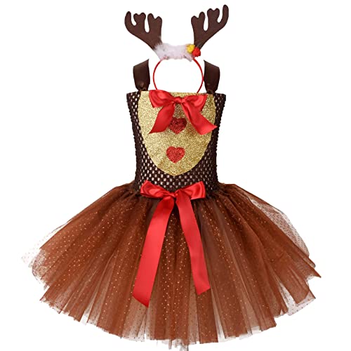 Kleid Weihnachten Mädchen, Rentier Kostüm Kinder Mädchen Tütü Tüllrock+Rentier Haarreifen 2-Teiliges Tutu Kleid Karneval Weihnachten Baby Prinzessin REH Party Weihnachtskostüm Brauner Tüllrock von Generisch