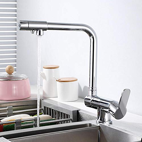 Küchenarmatur 3 in 1 Messing faltbar 360 ° Rotation Filtration gerade Trinkwasser Warmwasserhähne für Küchenspülen Verchromung-A von Generisch