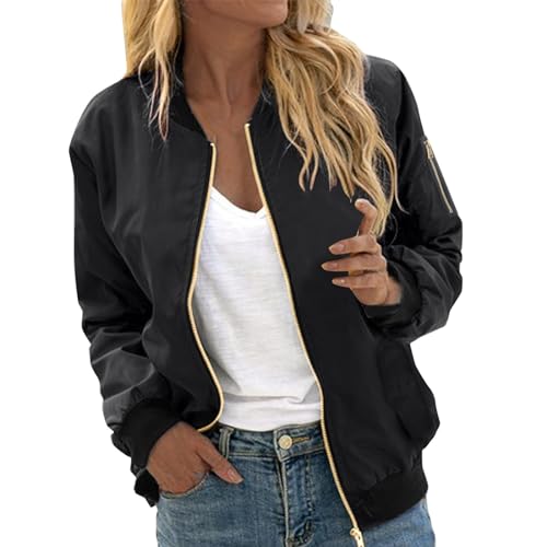 Kurze Jacke Damen Damen Bomberjacke Stehkragen Langarm Übergangsjacke Modisches Blumen Muster Sportjacke Leichte Sommer Herbstjacke Schwarz M von Generisch