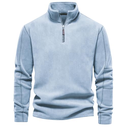 Lässiger Herren-Fleecepullover mit Viertelreißverschluss, Wildleder-Pullover, Stehkragen, halber Reißverschluss, langärmelig, Basic-Design, Sweatshirt (Hellblau, M) von Generisch