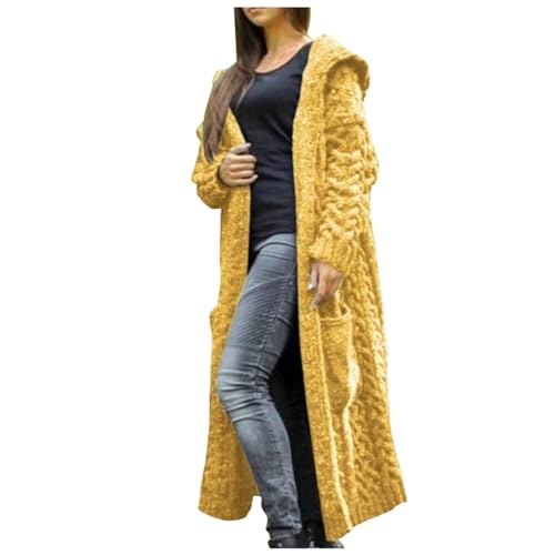 Langärmelige Strickjacke mit Kapuze für Damen, grob, vorne offen, für Herbst und Winter, Übergroße Mäntel (Gelb, Größe 3XL) von Generisch