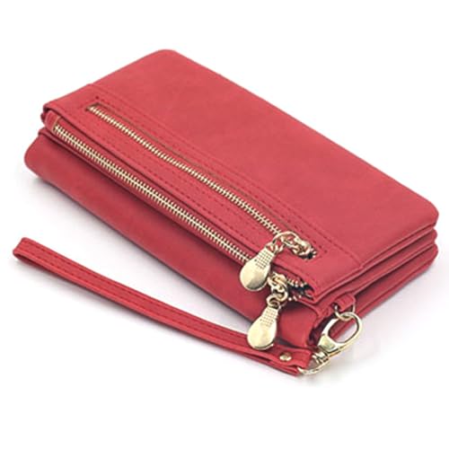 Lange Damen-Geldbörse, weiches Leder, Doppelreißverschluss, Clutch-Geldbörse, mehrere Kartenfächer, Geldbörsen für Damen, rot von Generisch