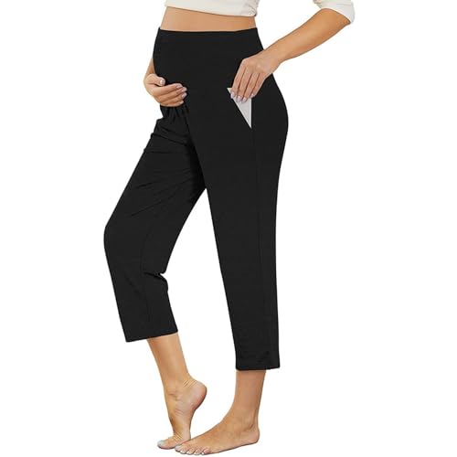 Leggings Für Schwangere - 3/4 Umstandsleggings Baumwolle Bequeme und Blickdichte Schwangerschaftsleggings Umstandsmod Sommer Sporthose Schwangerschaft Umstandshosen & Capris Leggings Schwarz M von Generisch