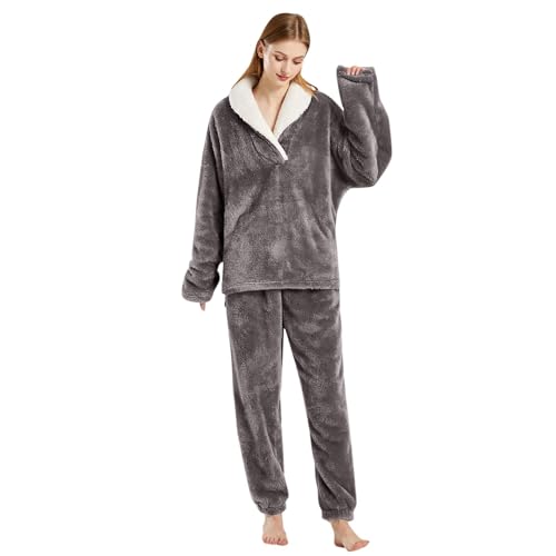 Lounge Set Damen, Hausanzug Damen Winter 2-Teilig Kuschelig Homewear Loungewear Set Kuschel Fleece Anzug Warm Pyjama Set Flanell Jogginganzug Schlafanzug Freizeitanzug Lounge Set von Generisch