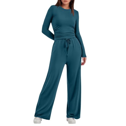 Lounge Set Damen einfarbige Hausanzug Freizeitanzug Oberteil Und Lange Hosen Set Bequeme Yoga Trainingsanzug Zweiteiliger Outfit Schmal Loungewear Set Marine L von Generisch