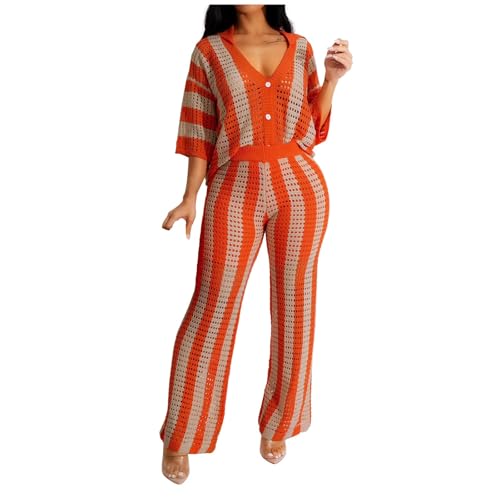 Loungewear Damen Bequeme Flugzeug Freizeit 2 Teiler Urlaub Strickanzug Pullover Hosen Fall Outfit Loungewear Hausanzug Streatwear Jogginganzug Orange L von Generisch